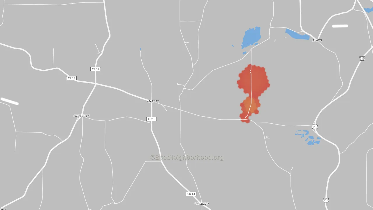 Walk Grade map of Maples, NY, walkable areas in green and car-dependent areas in red