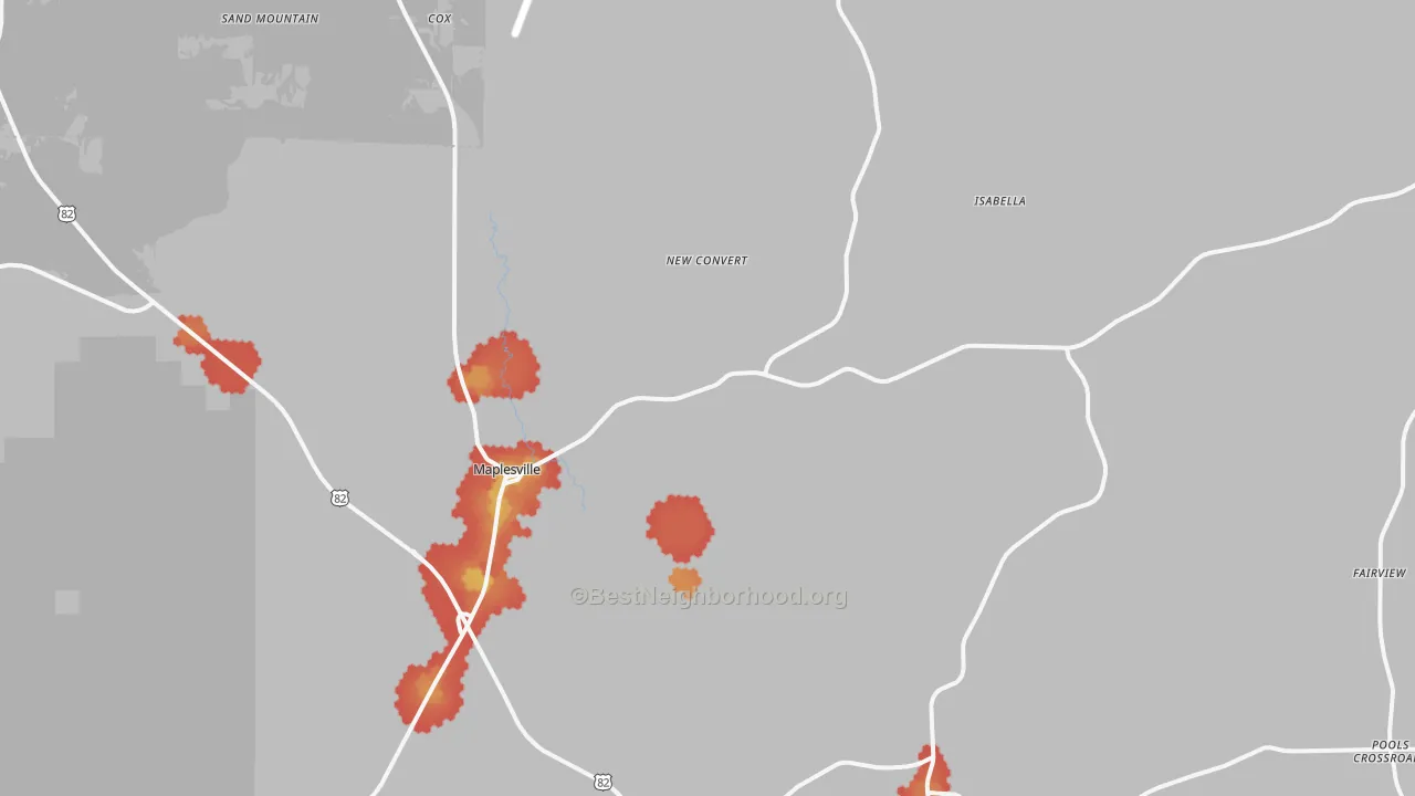 Walk Grade map of Maplesville, AL, walkable areas in green and car-dependent areas in red