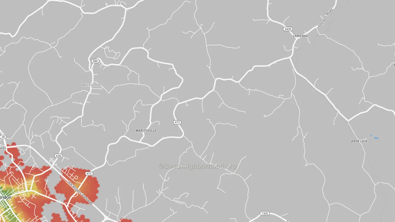 Walk Grade map of Maplesville, KY, walkable areas in green and car-dependent areas in red