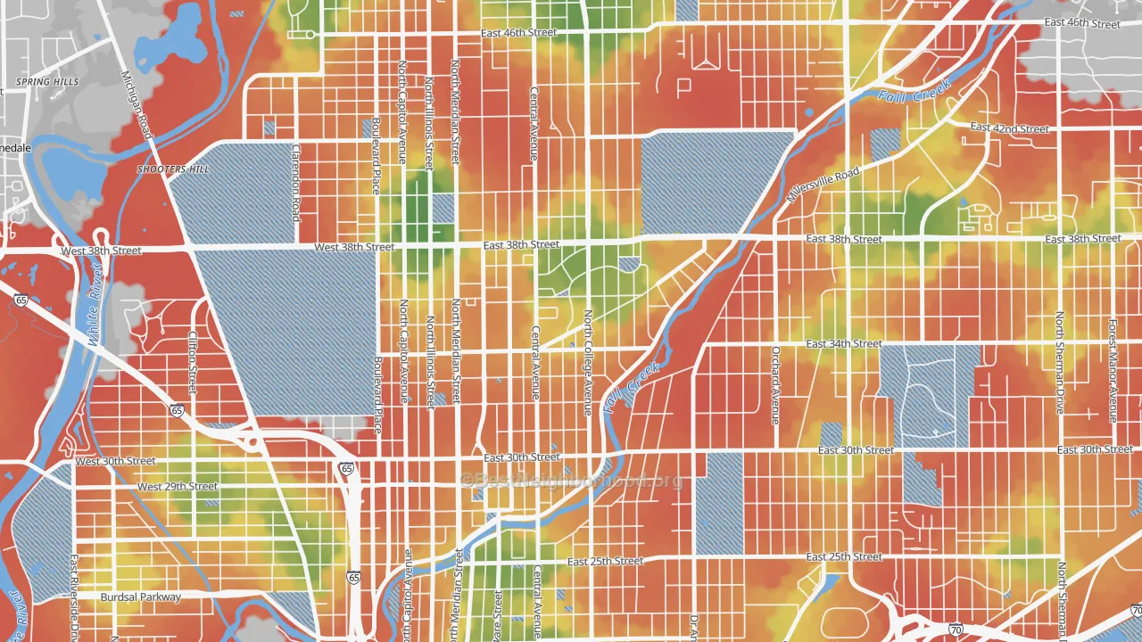 Walk Grade map of Mapleton-Fall Creek, Indianapolis, IN, walkable areas in green and car-dependent areas in red