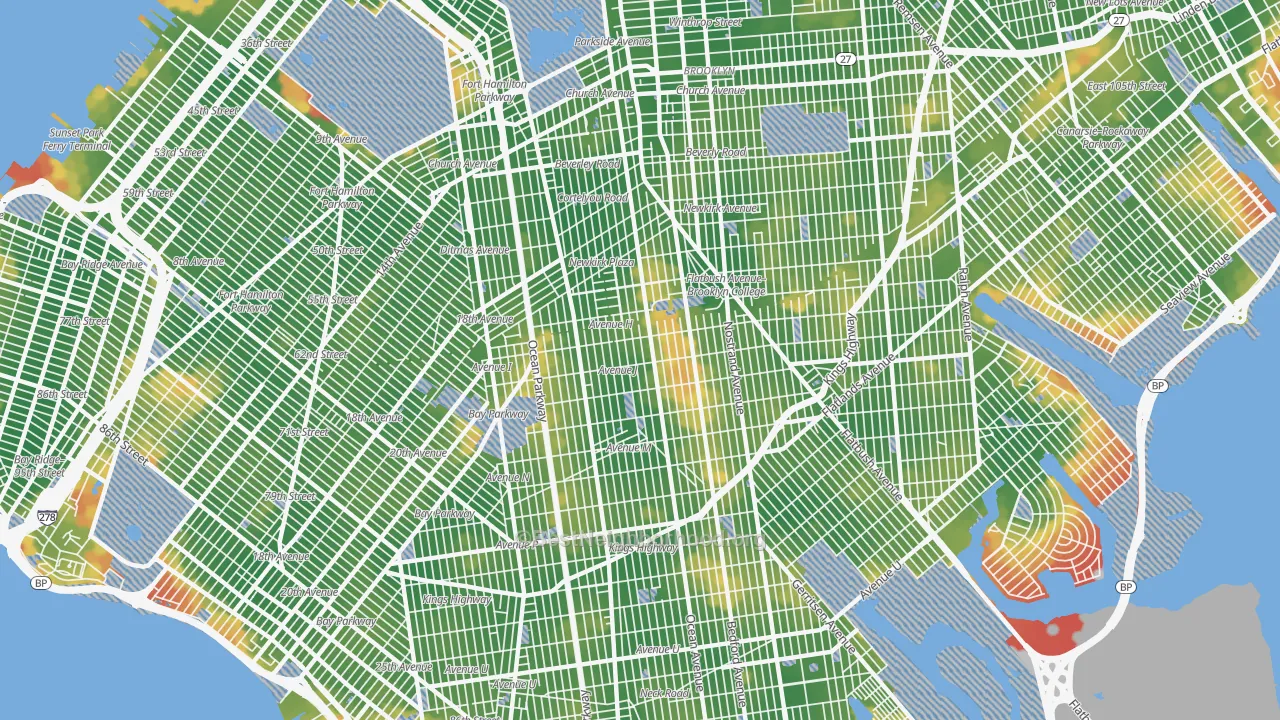 Walk Grade map of Mapleton-Flatlands, Brooklyn, NY, walkable areas in green and car-dependent areas in red