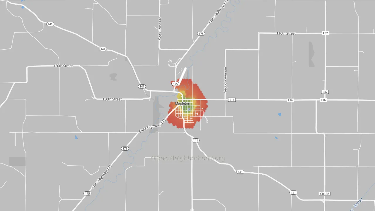 Walk Grade map of Mapleton, IA, walkable areas in green and car-dependent areas in red