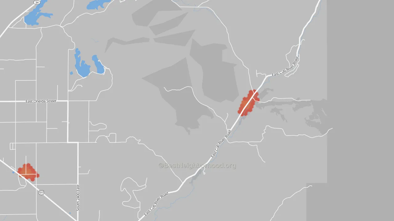 Walk Grade map of Mapleton, ID, walkable areas in green and car-dependent areas in red