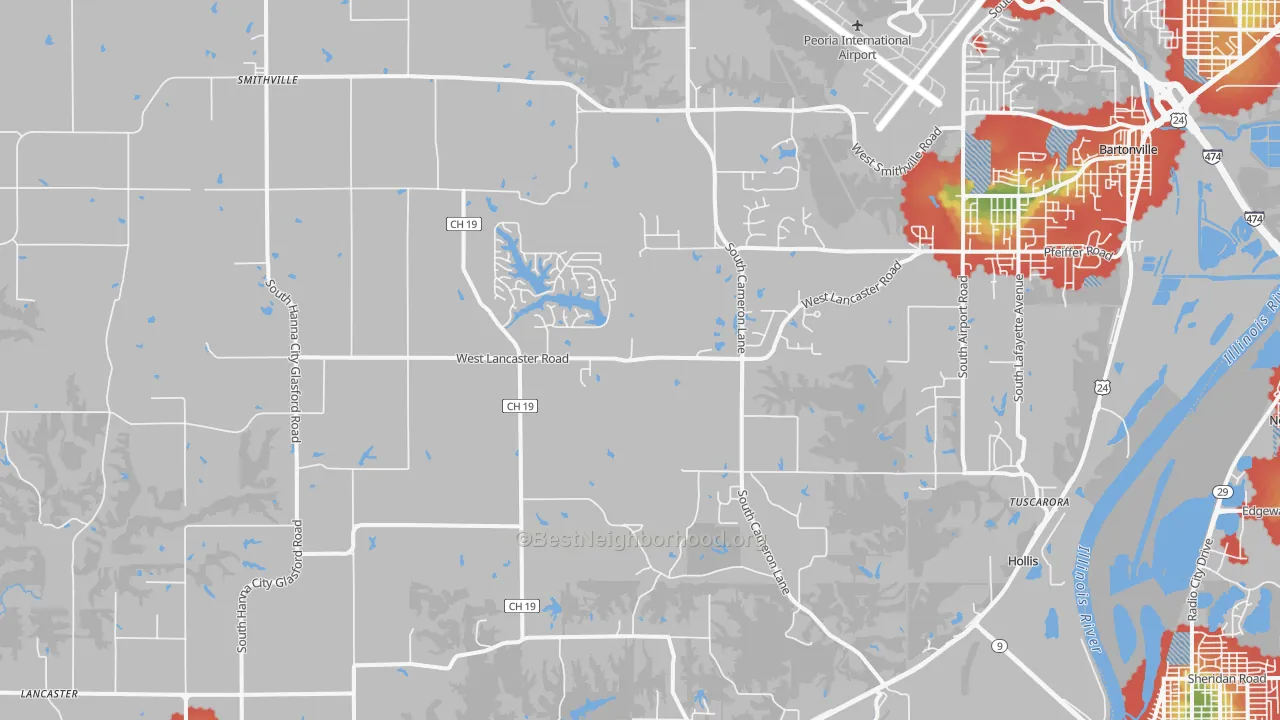 Walk Grade map of Mapleton, IL, walkable areas in green and car-dependent areas in red