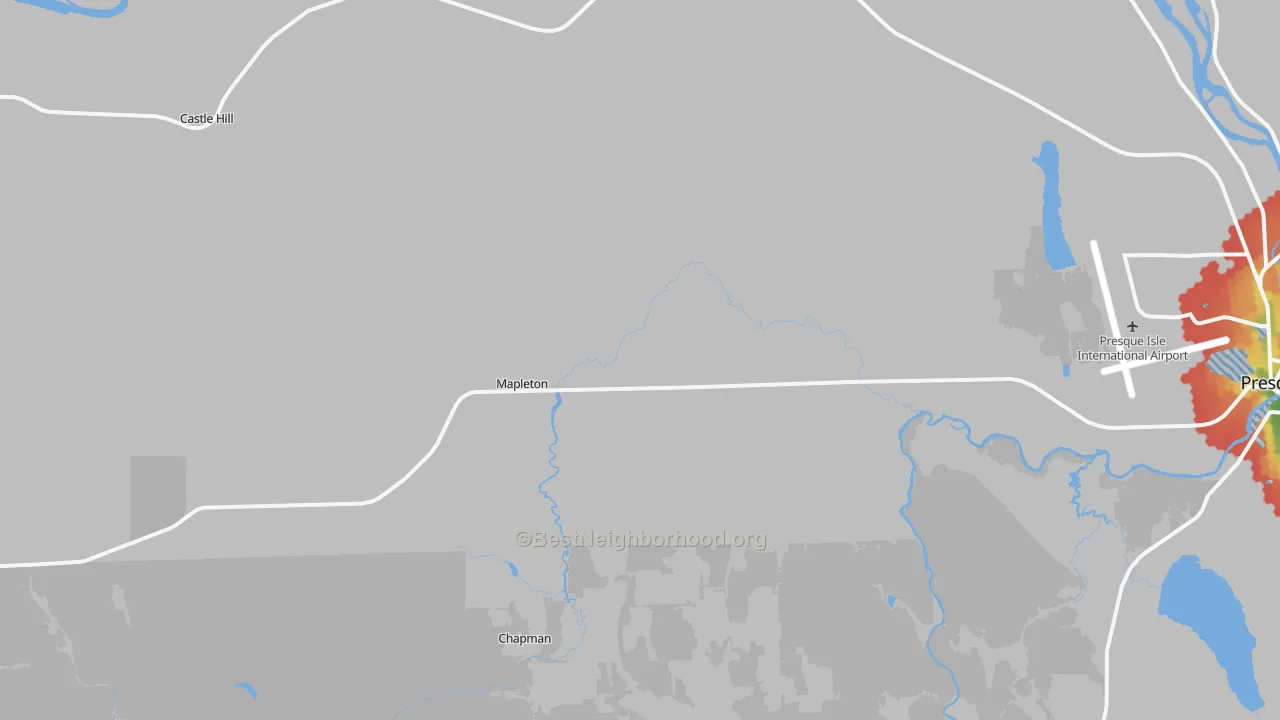 Walk Grade map of Mapleton, ME, walkable areas in green and car-dependent areas in red