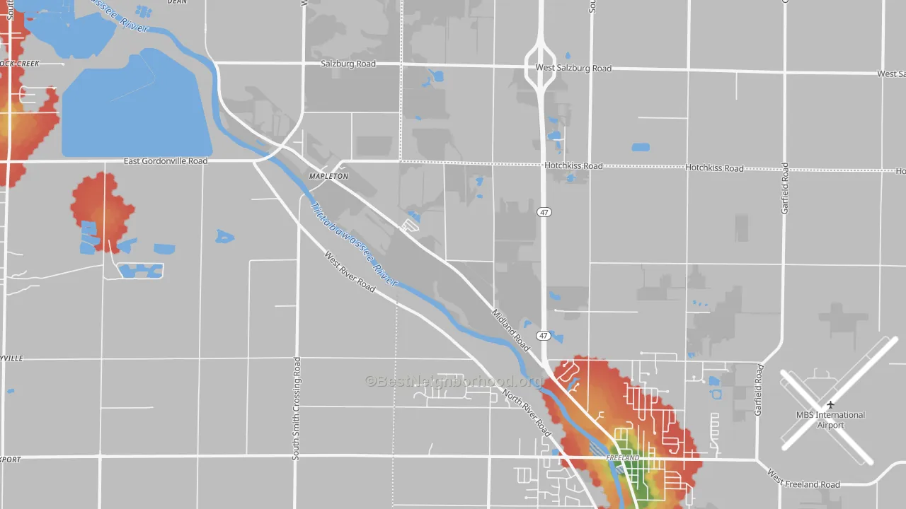 Walk Grade map of Mapleton, MI, walkable areas in green and car-dependent areas in red