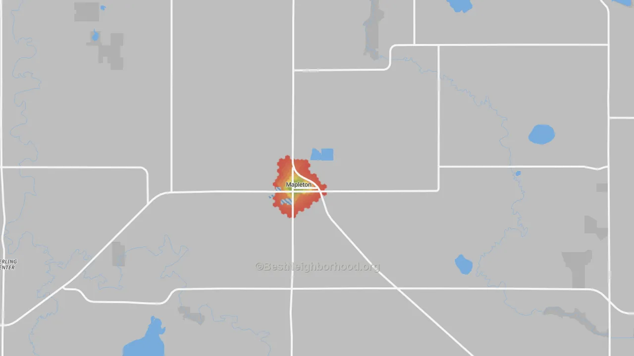 Walk Grade map of Mapleton, MN, walkable areas in green and car-dependent areas in red