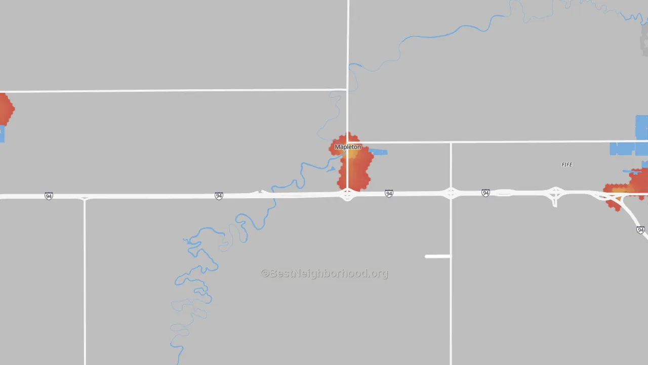Walk Grade map of Mapleton, ND, walkable areas in green and car-dependent areas in red