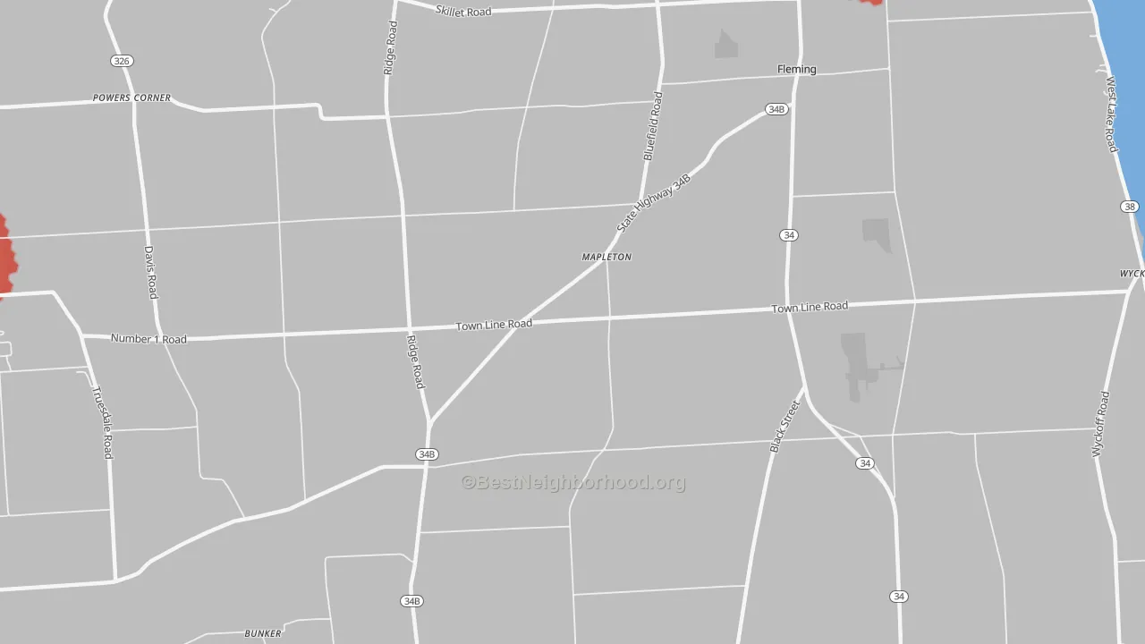 Walk Grade map of Mapleton, NY, walkable areas in green and car-dependent areas in red