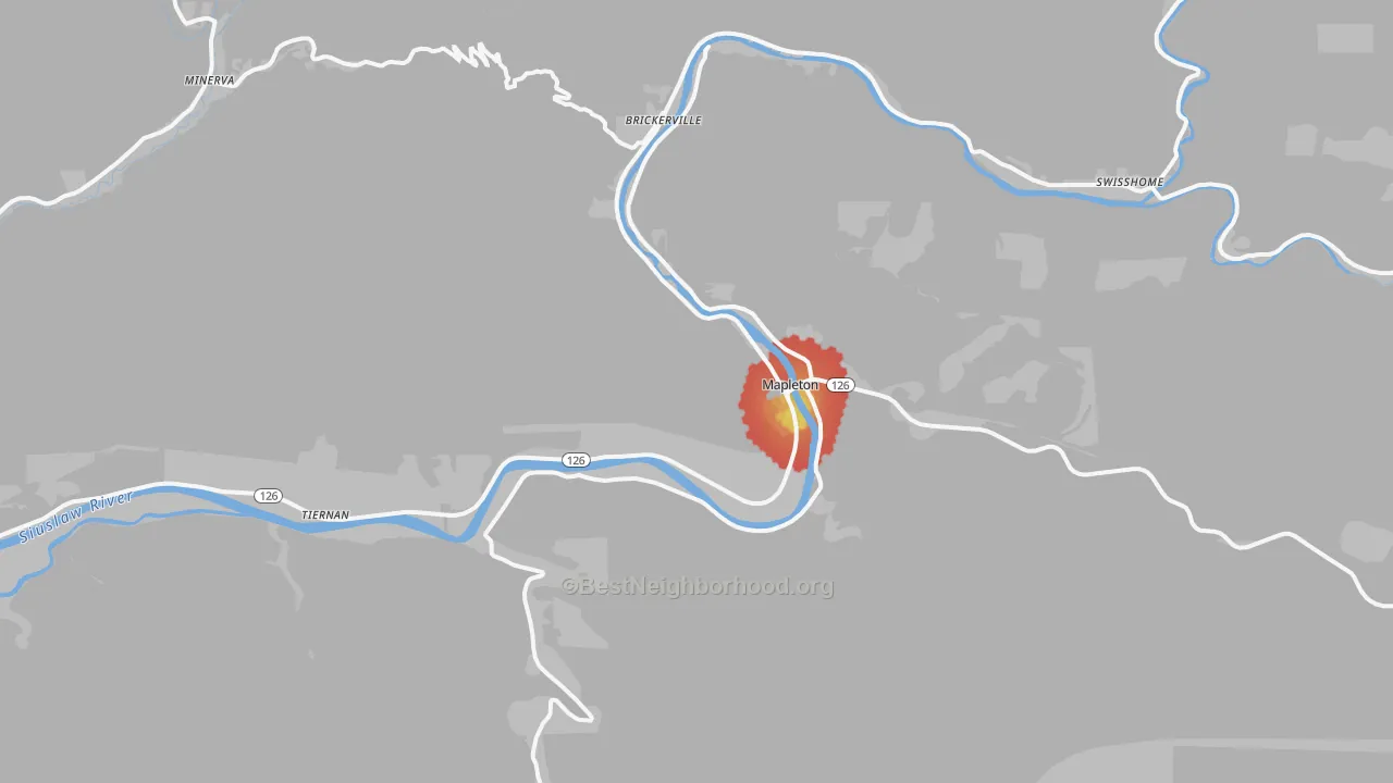 Walk Grade map of Mapleton, OR, walkable areas in green and car-dependent areas in red