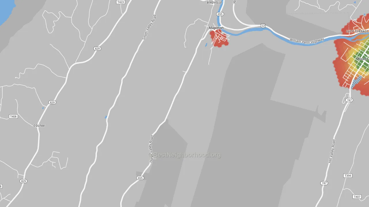 Walk Grade map of Mapleton, PA, walkable areas in green and car-dependent areas in red