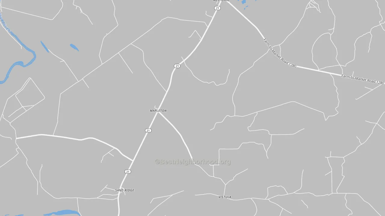Walk Grade map of Mapleton, TX, walkable areas in green and car-dependent areas in red