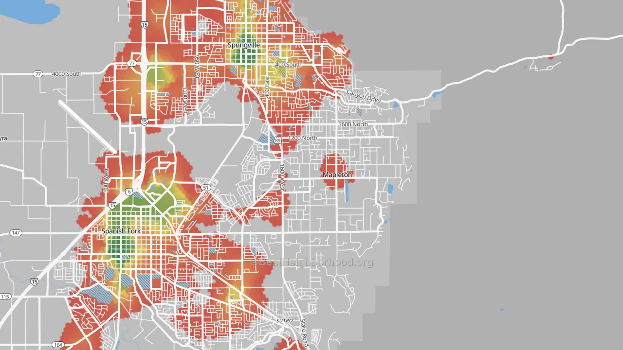 Walk Grade map of Mapleton, UT, walkable areas in green and car-dependent areas in red