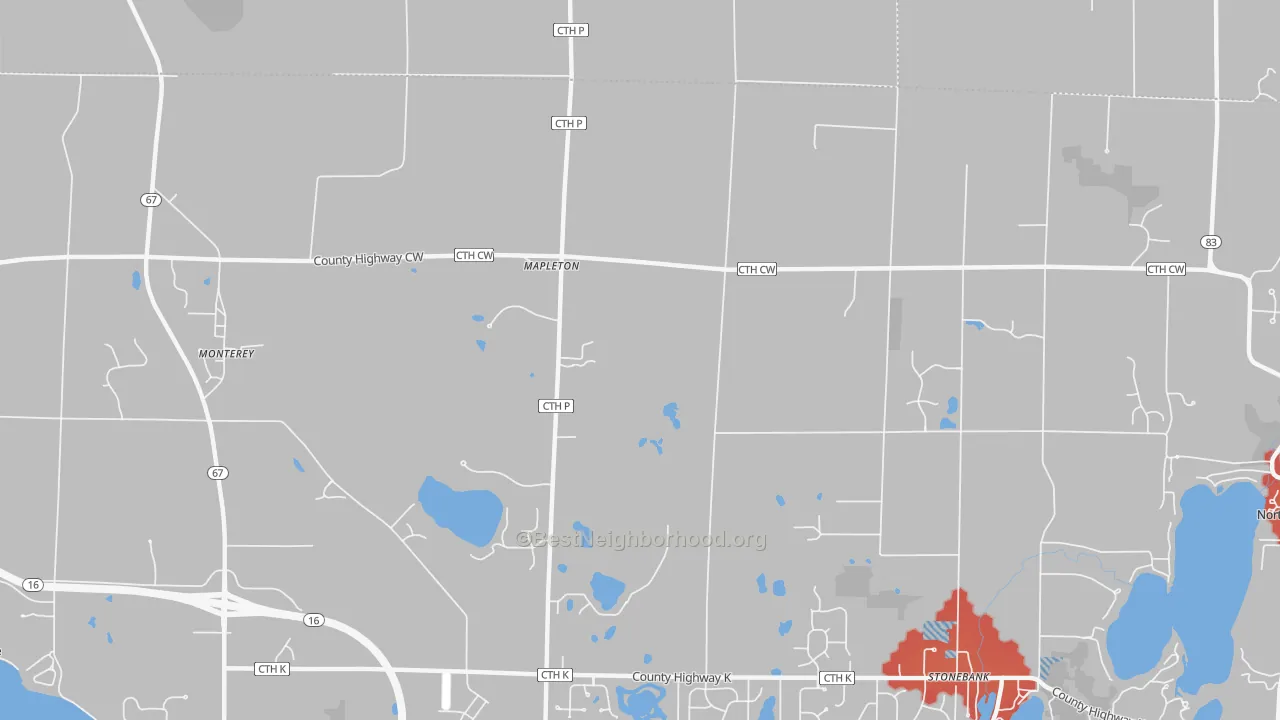Walk Grade map of Mapleton, WI, walkable areas in green and car-dependent areas in red