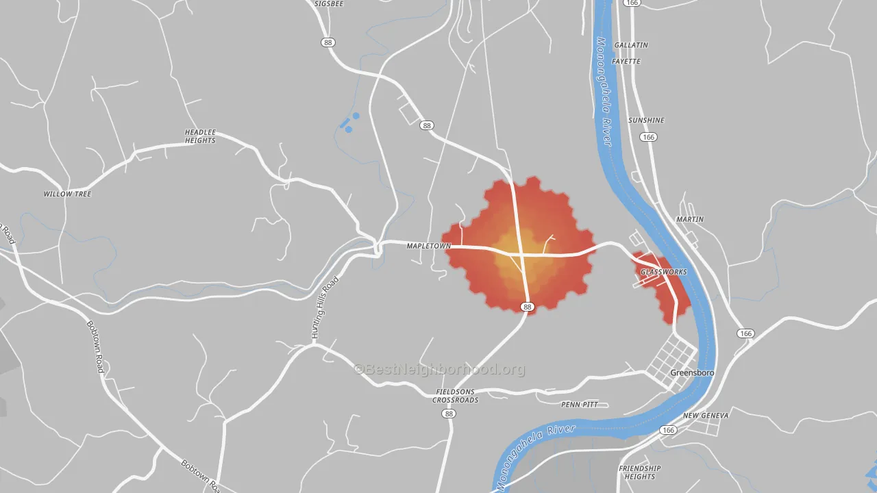 Walk Grade map of Mapletown, PA, walkable areas in green and car-dependent areas in red