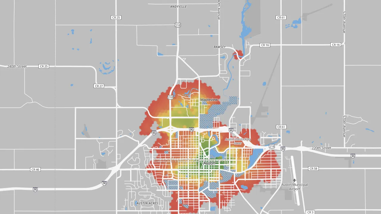 Walk Grade map of Mapleview, MN, walkable areas in green and car-dependent areas in red