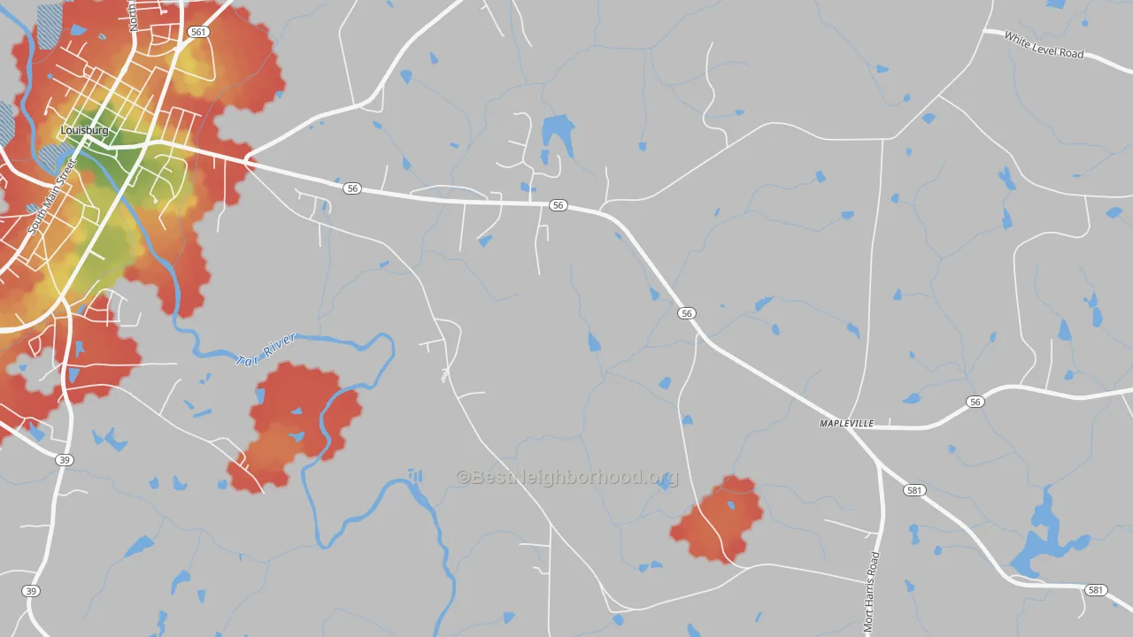 Walk Grade map of Mapleville, NC, walkable areas in green and car-dependent areas in red