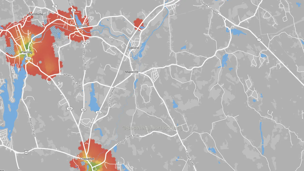 Walk Grade map of Mapleville, RI, walkable areas in green and car-dependent areas in red