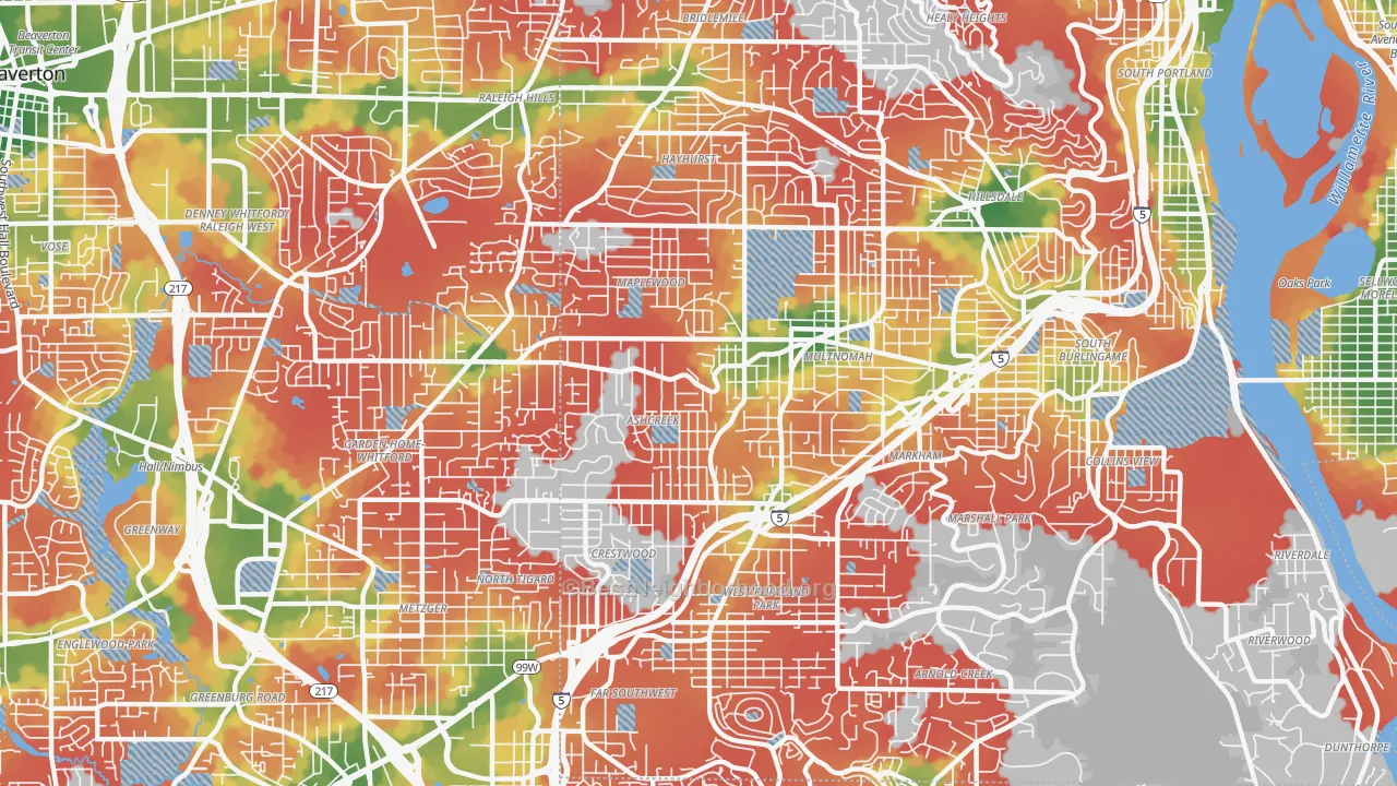 Walk Grade map of Maplewood-Ashcreek, Portland, OR, walkable areas in green and car-dependent areas in red
