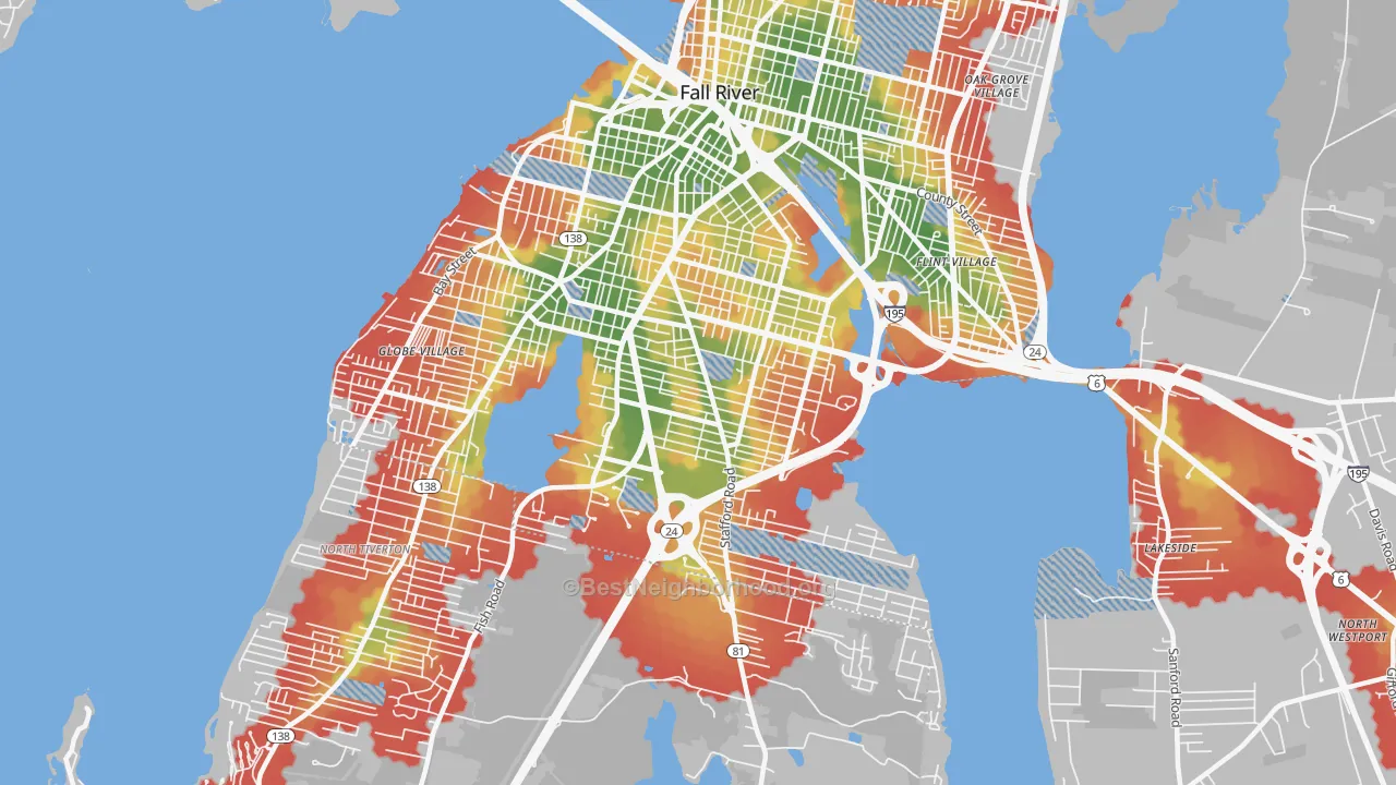Walk Grade map of Maplewood, Fall River, MA, walkable areas in green and car-dependent areas in red