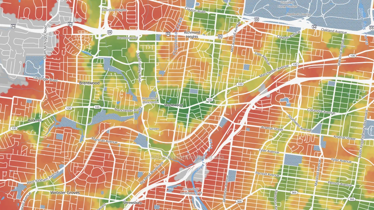 Walk Grade map of Maplewood, MO, walkable areas in green and car-dependent areas in red