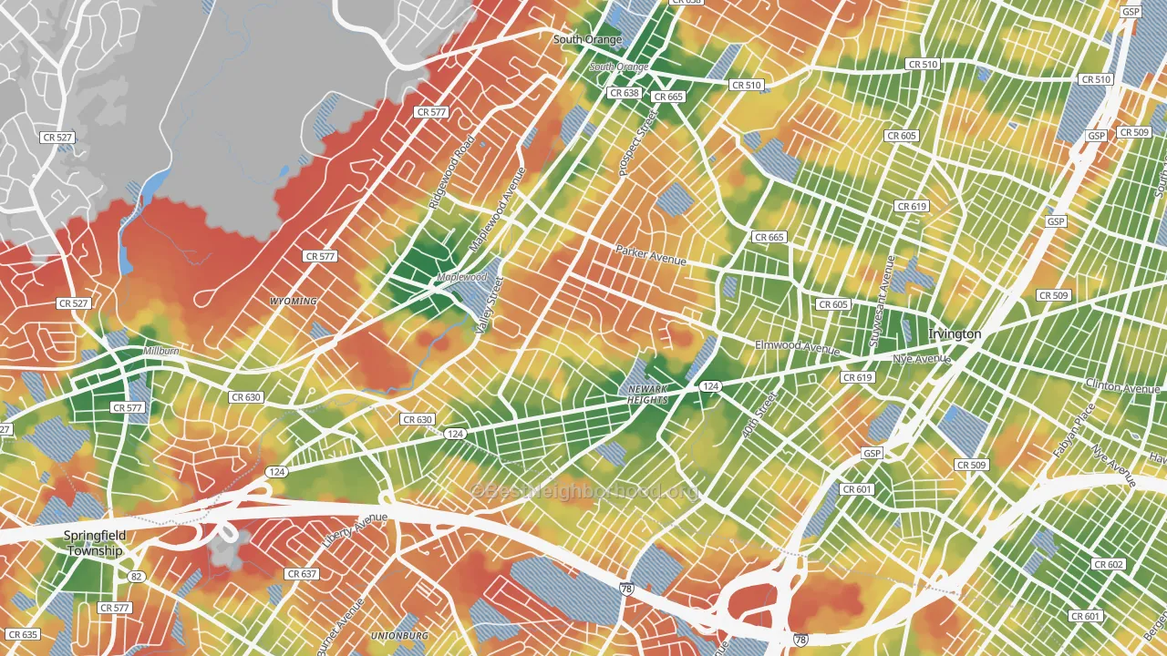 Walk Grade map of Maplewood, NJ, walkable areas in green and car-dependent areas in red