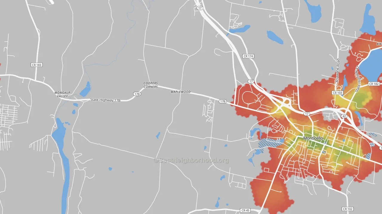 Walk Grade map of Maplewood, NY, walkable areas in green and car-dependent areas in red