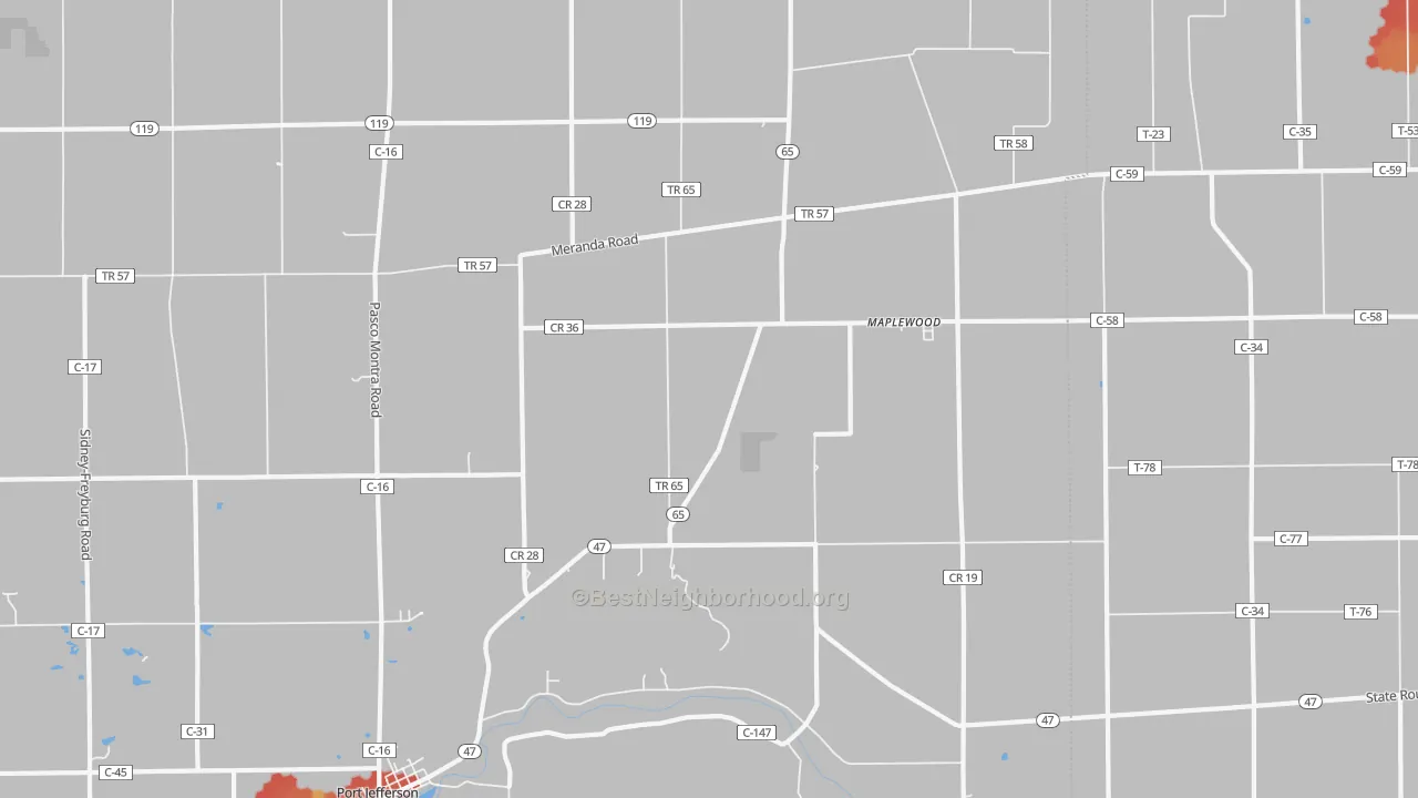 Walk Grade map of Maplewood, OH, walkable areas in green and car-dependent areas in red