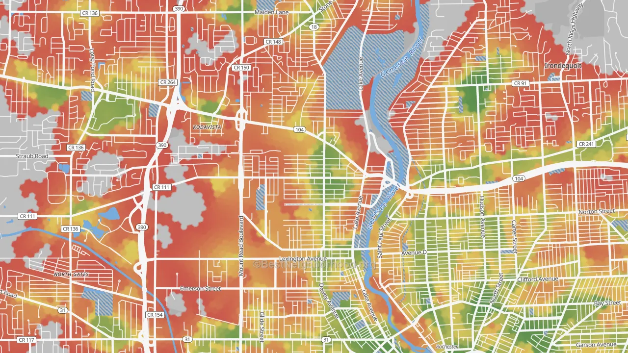 Walk Grade map of Maplewood, Rochester, NY, walkable areas in green and car-dependent areas in red