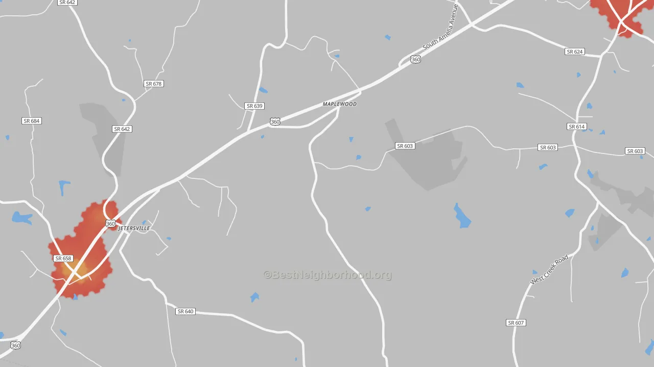 Walk Grade map of Maplewood, VA, walkable areas in green and car-dependent areas in red
