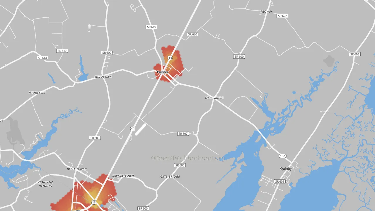 Walk Grade map of Mappsburg, VA, walkable areas in green and car-dependent areas in red