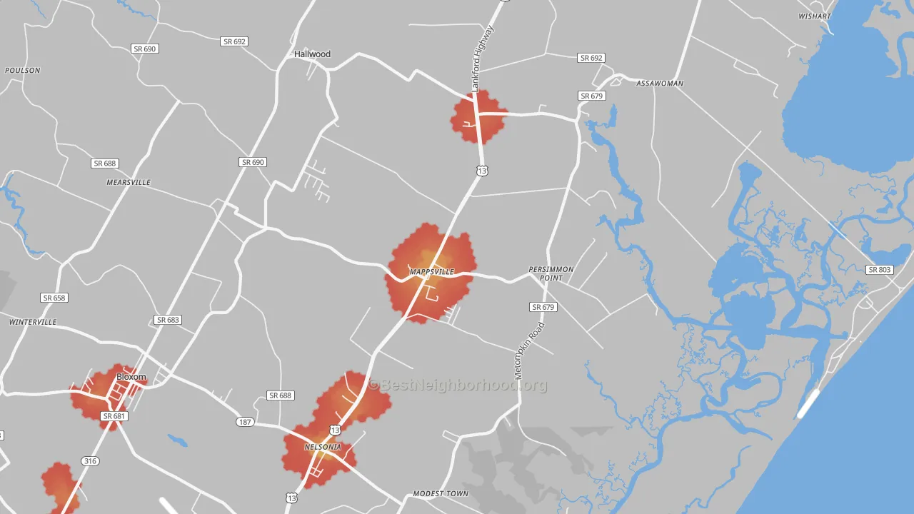 Walk Grade map of Mappsville, VA, walkable areas in green and car-dependent areas in red