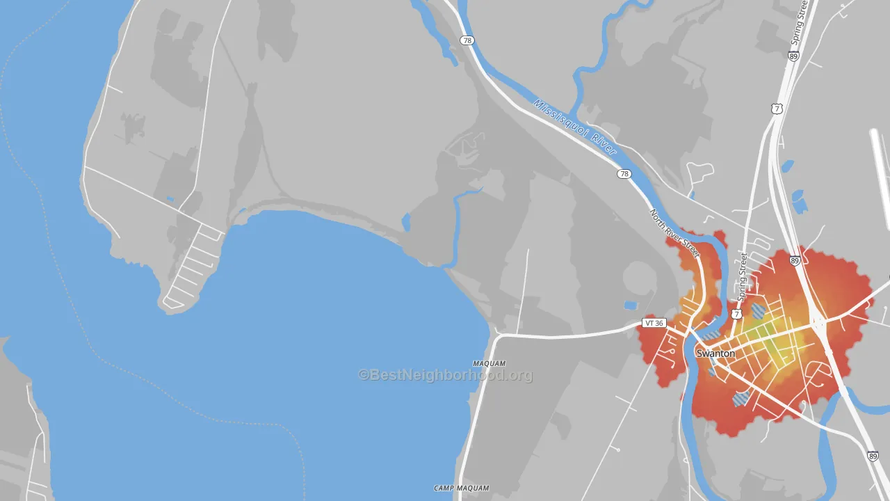 Walk Grade map of Maquam, VT, walkable areas in green and car-dependent areas in red