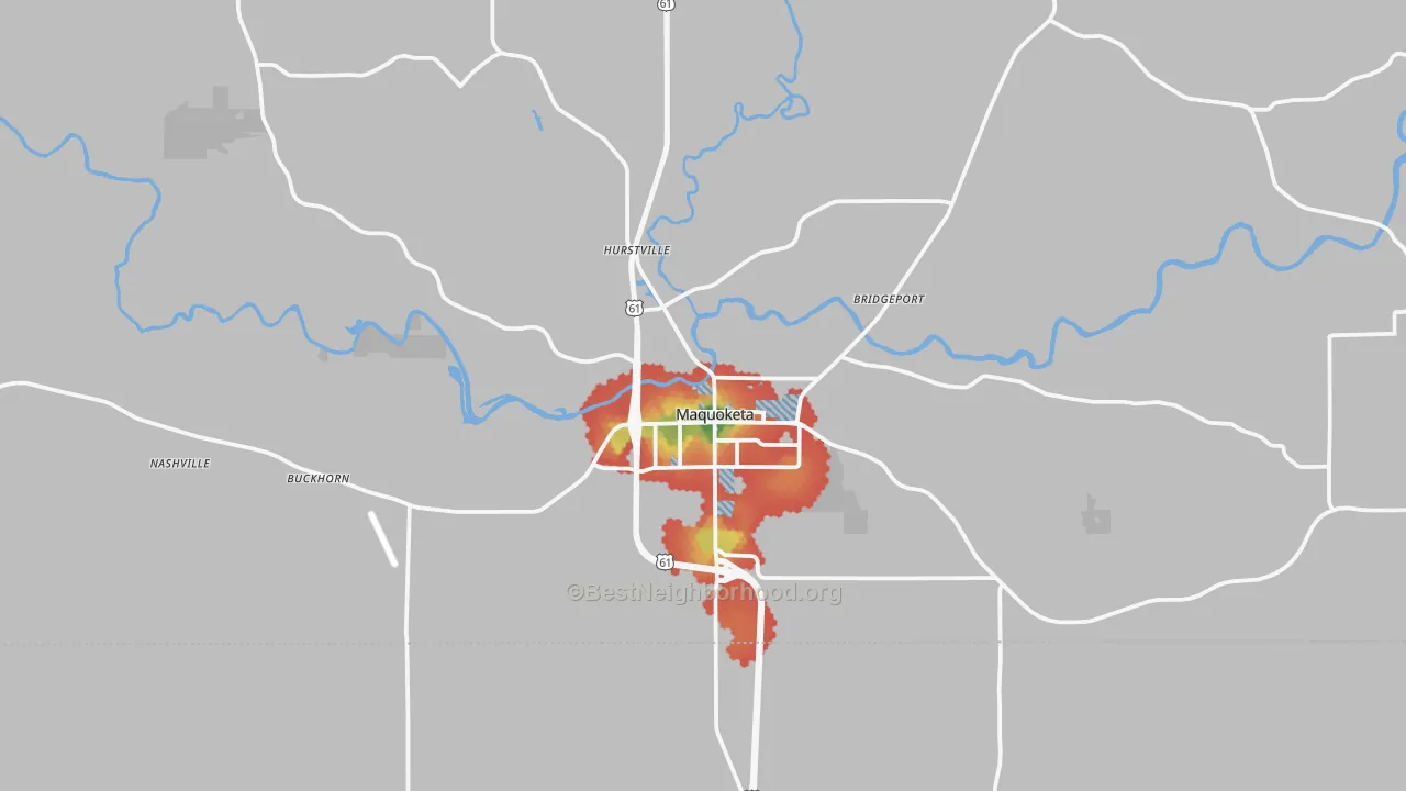 Walk Grade map of Maquoketa, IA, walkable areas in green and car-dependent areas in red