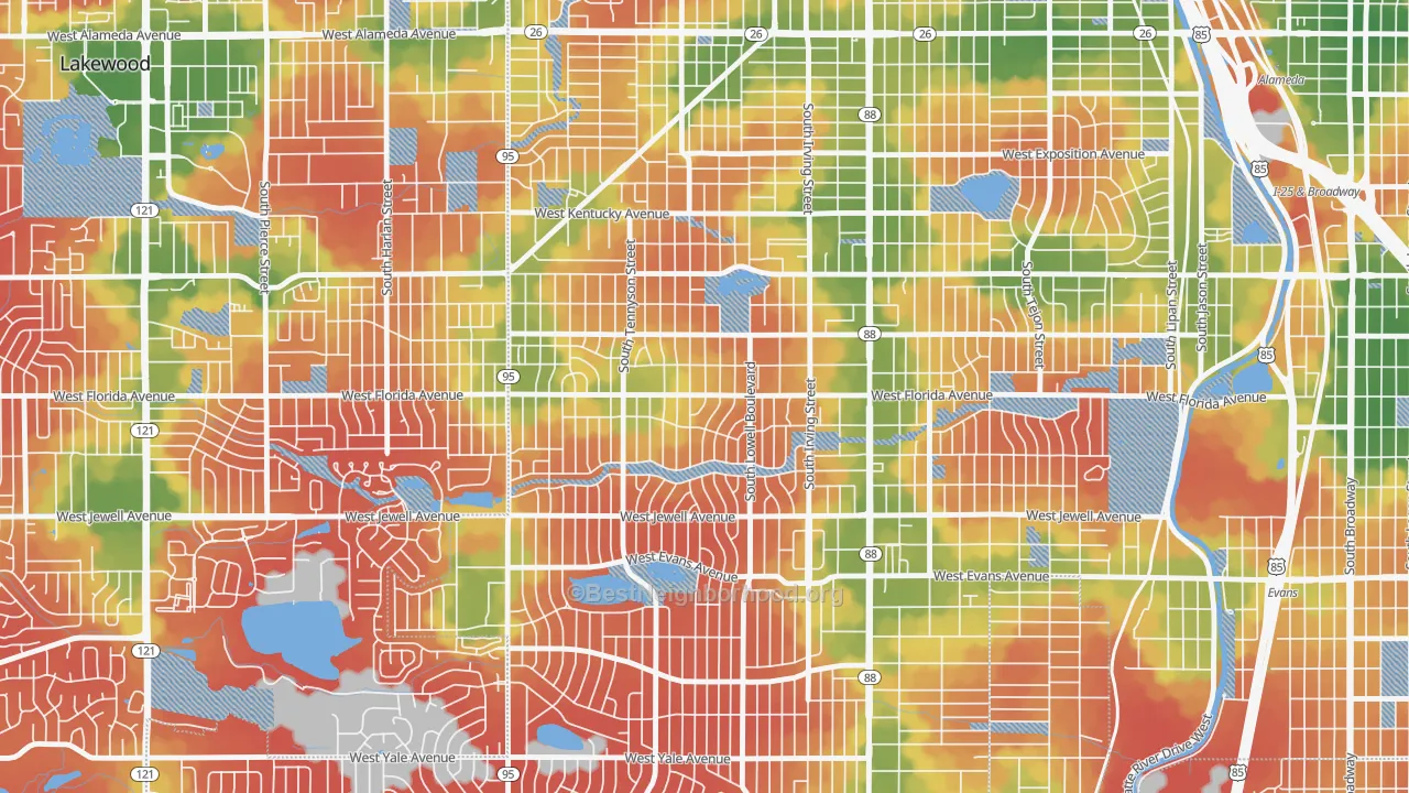 Walk Grade map of Mar Lee, Denver, CO, walkable areas in green and car-dependent areas in red