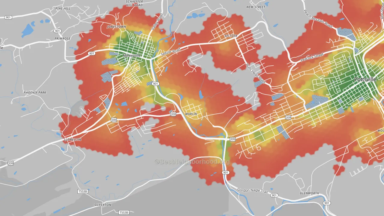 Walk Grade map of Mar Lin, PA, walkable areas in green and car-dependent areas in red