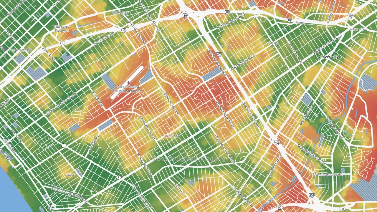Walk Grade map of Mar Vista, Los Angeles, CA, walkable areas in green and car-dependent areas in red