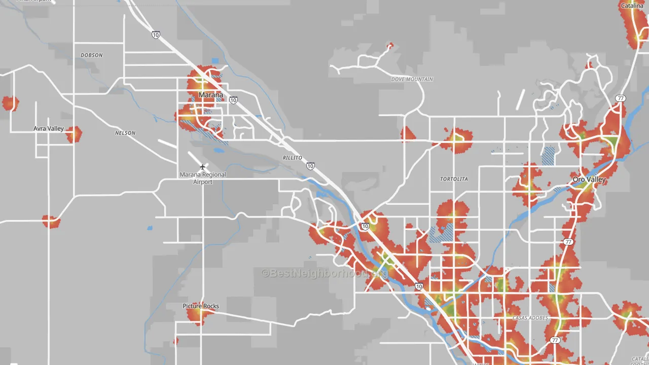 Walk Grade map of Marana, AZ, walkable areas in green and car-dependent areas in red