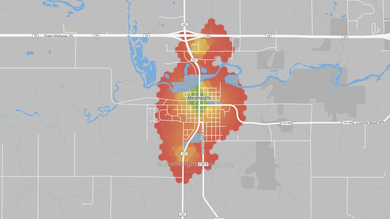 Walk Grade map of Marathon City, WI, walkable areas in green and car-dependent areas in red