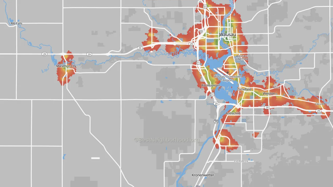 Walk Grade map of Marathon County, WI, walkable areas in green and car-dependent areas in red