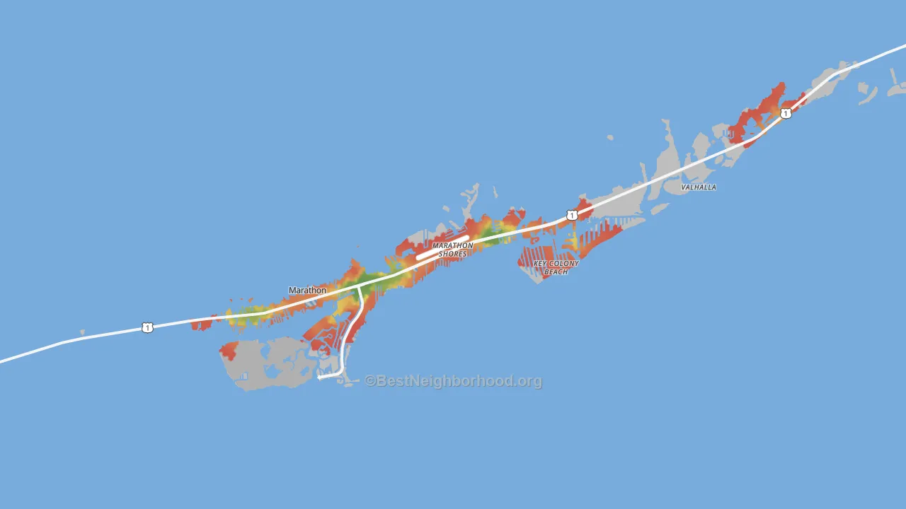 Walk Grade map of Marathon, FL, walkable areas in green and car-dependent areas in red