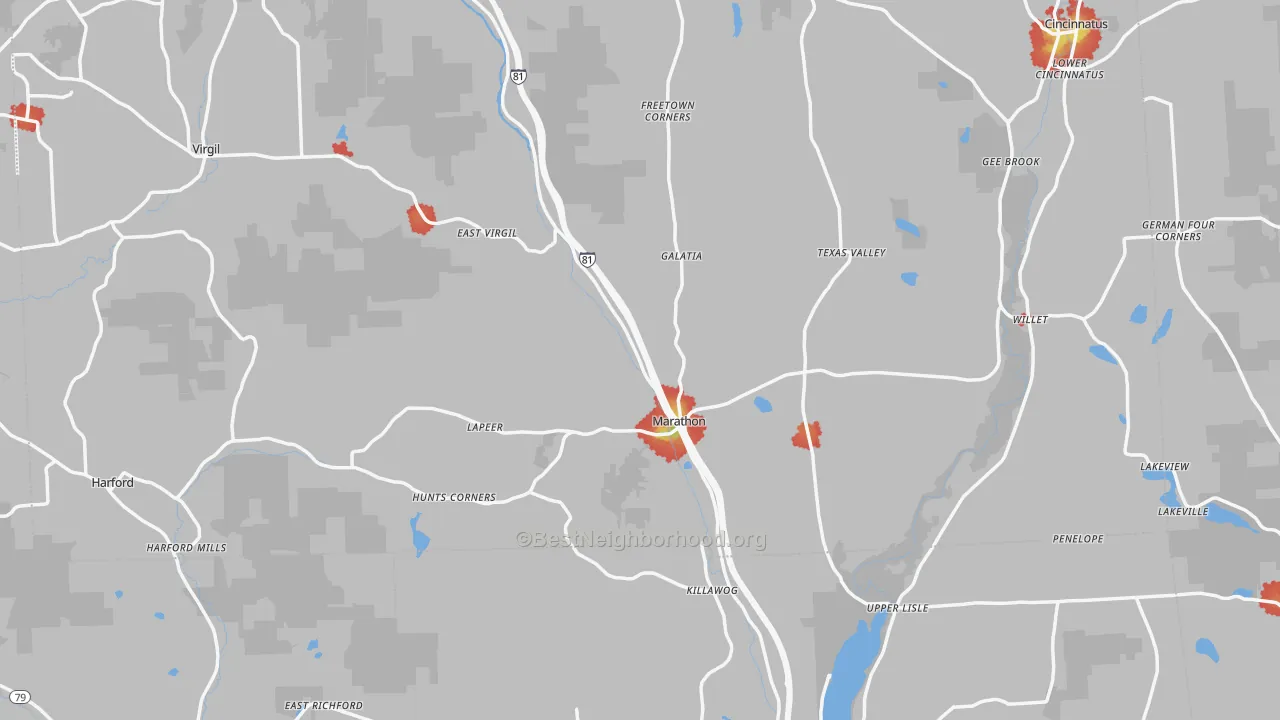 Walk Grade map of Marathon, NY, walkable areas in green and car-dependent areas in red