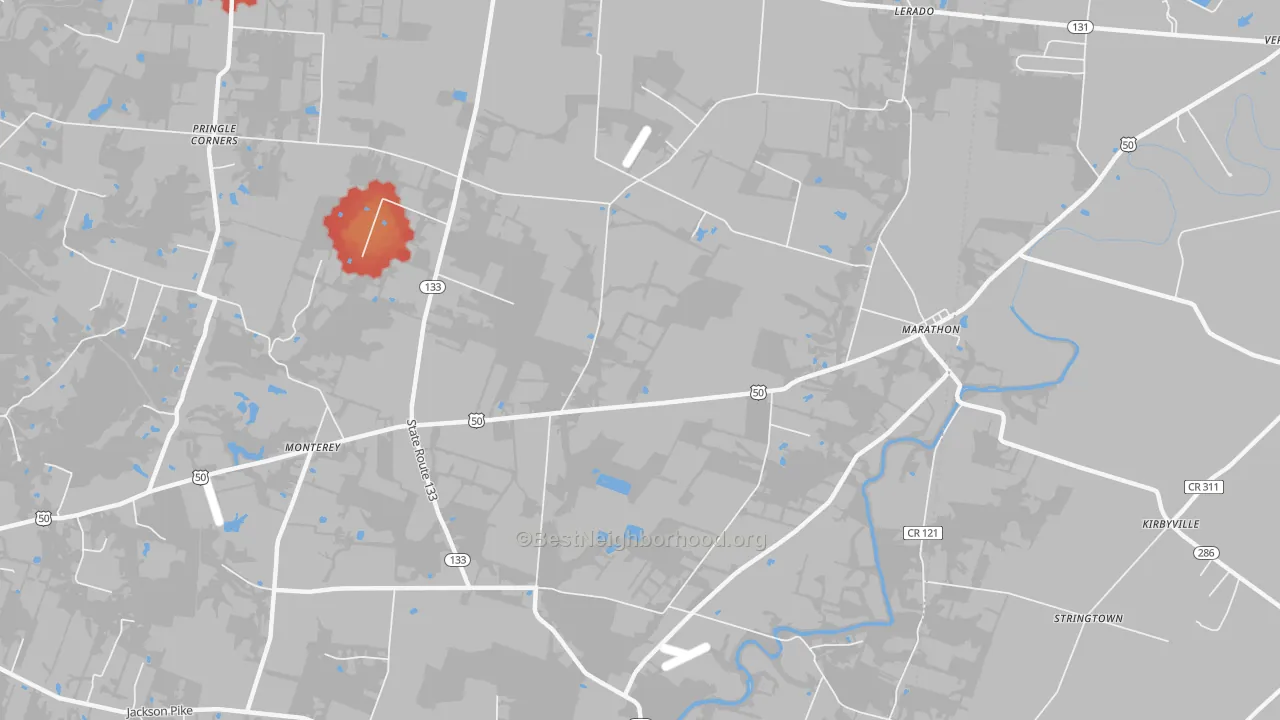 Walk Grade map of Marathon, OH, walkable areas in green and car-dependent areas in red