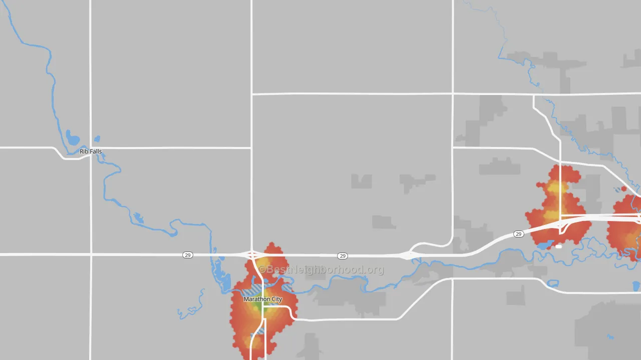 Walk Grade map of Marathon, WI, walkable areas in green and car-dependent areas in red