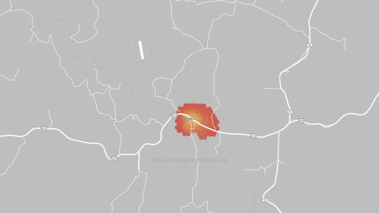 Walk Grade map of Marble, AR, walkable areas in green and car-dependent areas in red