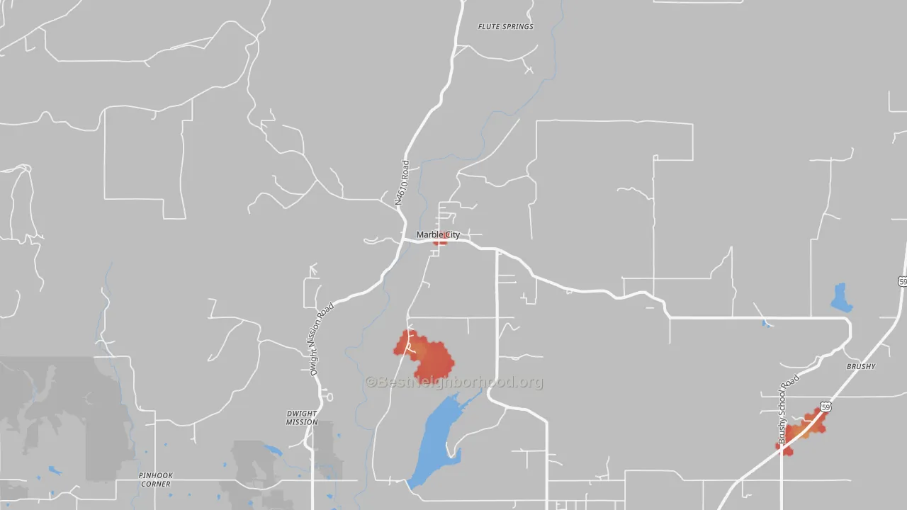 Walk Grade map of Marble City, OK, walkable areas in green and car-dependent areas in red