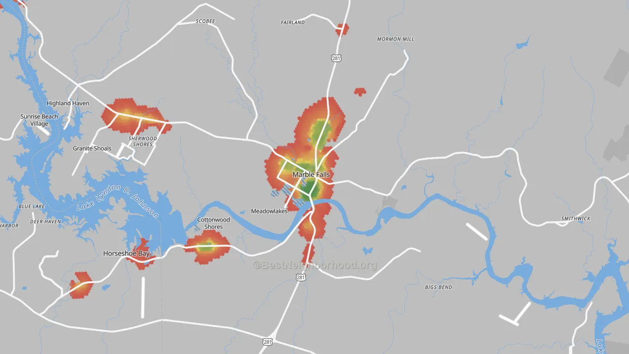 Walk Grade map of Marble Falls, TX, walkable areas in green and car-dependent areas in red