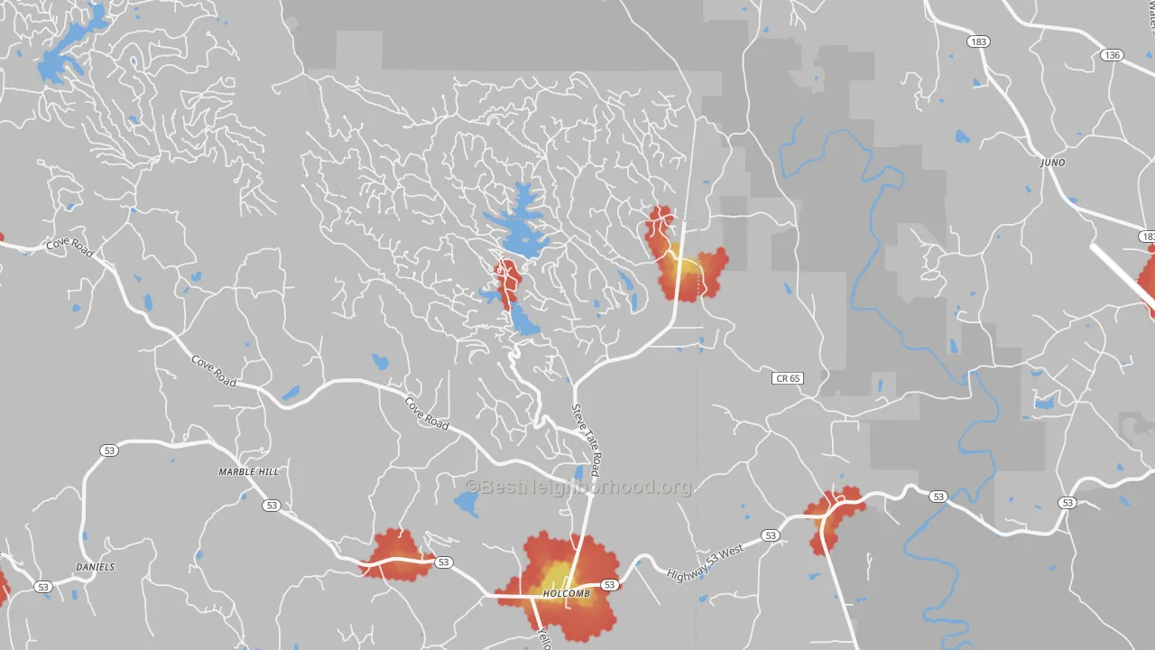 Walk Grade map of Marble Hill, GA, walkable areas in green and car-dependent areas in red