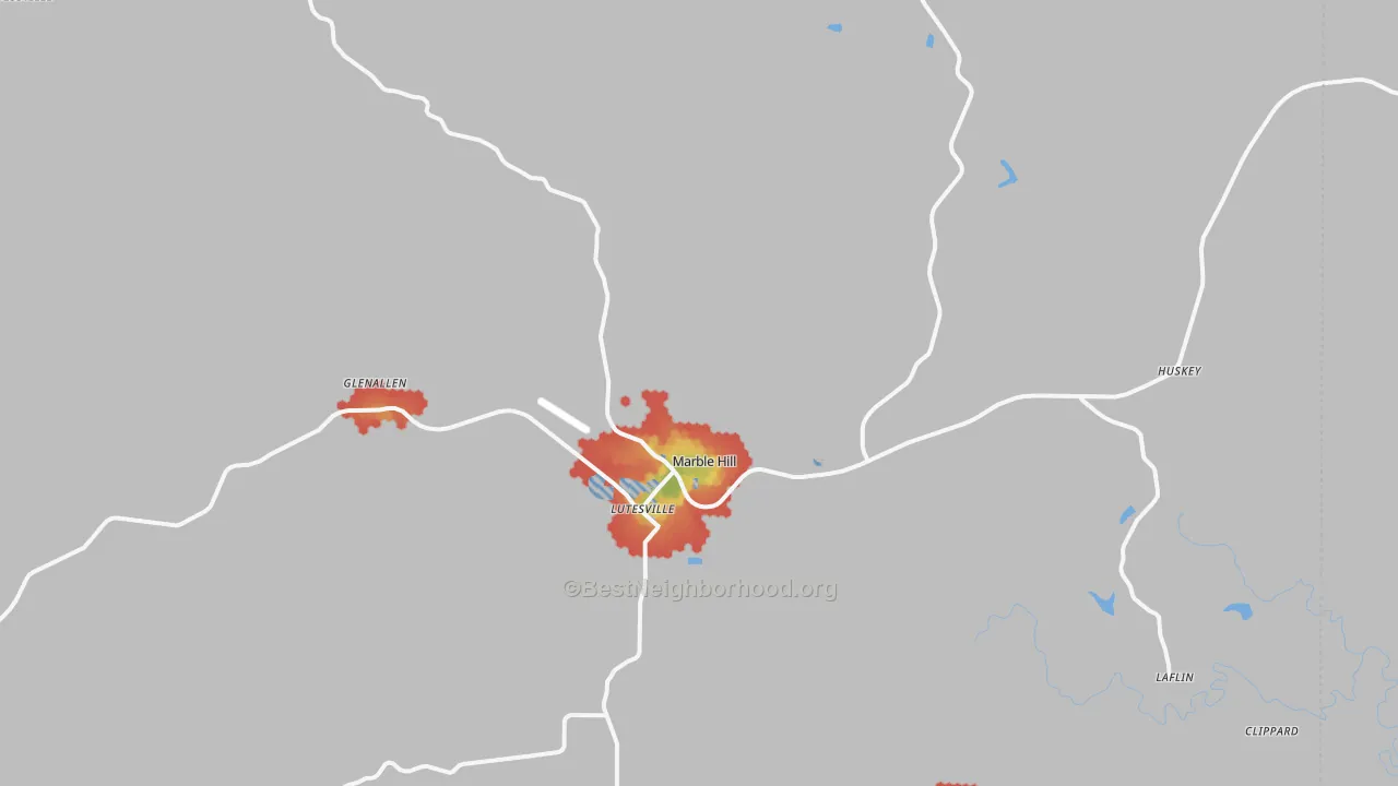 Walk Grade map of Marble Hill, MO, walkable areas in green and car-dependent areas in red