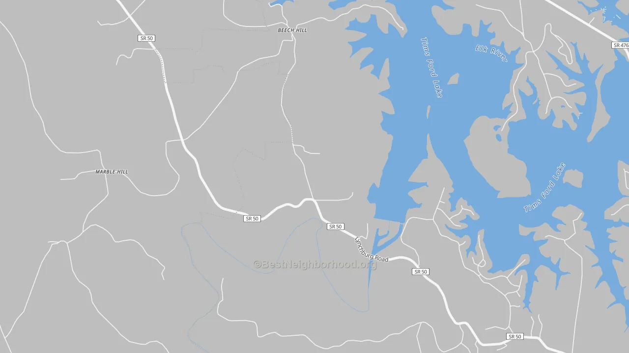 Walk Grade map of Marble Hill, TN, walkable areas in green and car-dependent areas in red